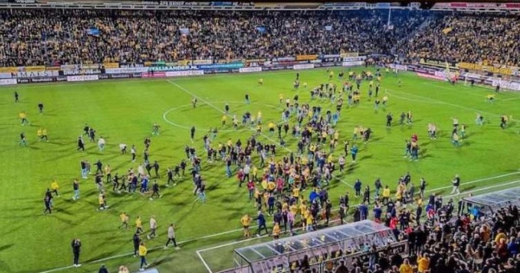 Football blunder of the year.  The announcer announced the promotion and the fans invaded the pitch... to no avail