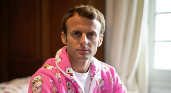 A fake photo shows Macron in pink pajamas and is captioned: 