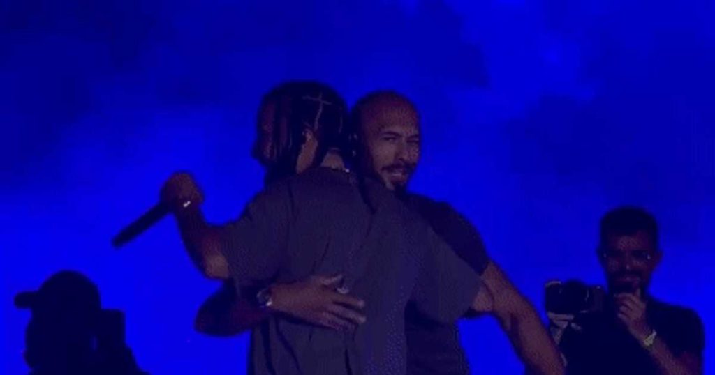 Controversial presence at Beach, Please.  Andrew Tate, on trial for human trafficking and rape, took the stage with French Montana VIDEO artist