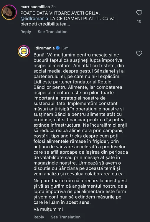 Lidl's response to the scandal caused by the collaboration with Sânziana Negru