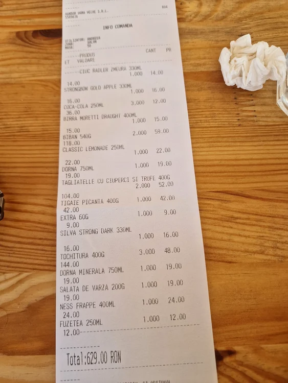The bill shows that a simple 200 g cabbage salad costs almost 20 lei