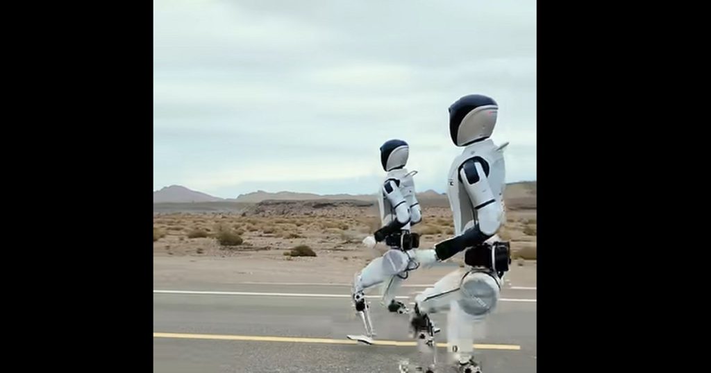 Two AI robots, set to race through the Gobi Desert. The speed achieved makes them the fastest in the world