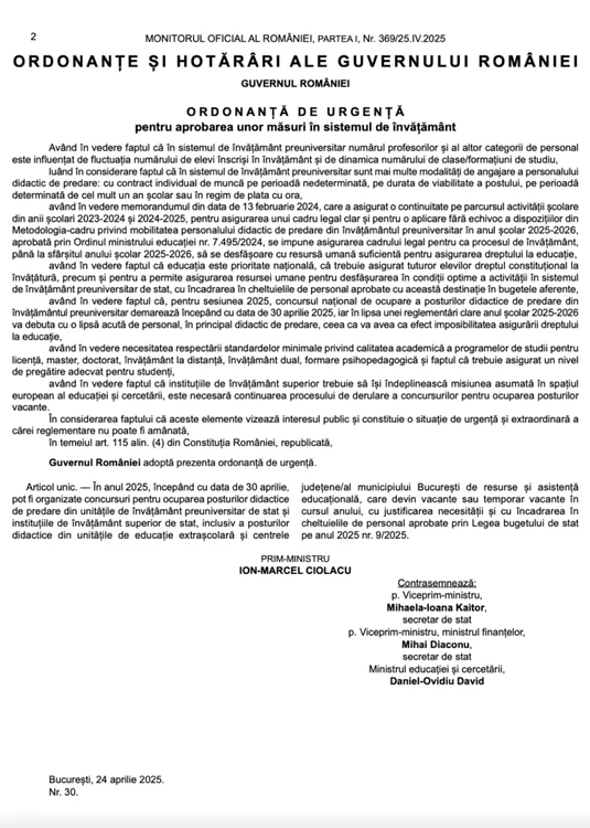 Emergency Ordinance to unlock education posts