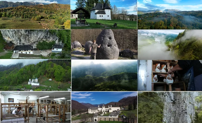 Collage of images with the treasures of Oltenia under the mountain source Discover Oltenia