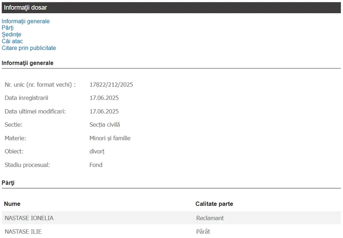 Ioana Nastase appears as a applicant, and Ilie Năstase, as a photo defendant: Portal.just.ro