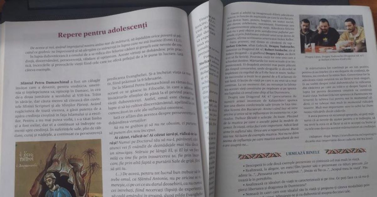 Two Romanian rappers with anti-EU and anti-Semitic speech, "benchmarks for teenagers" in a religion manual for the eighth grade