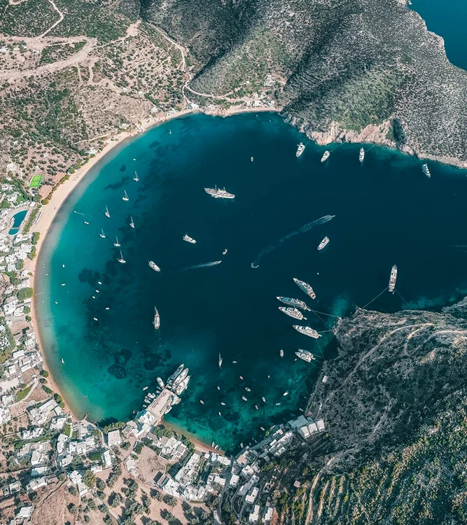 Aerial image with the villages and picturesque coast of Sifnos in Greece Photo Discover Greece