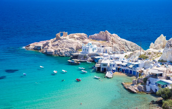 Image with the unreal beauty of Milos Island of Greece Photo Shutterstock