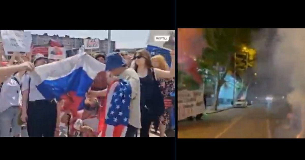 The flag of Russia, burned in Georgia: "Russian pigs, you are not welcome here!"