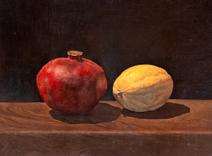 Static nature with pomegranate, Mihai Mureșan, cardboard oil, 25 x 23.5 cm, by the artist's kindness and the support of the JPG Sineva