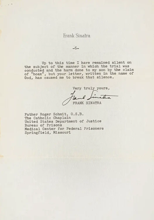 Last page of the letter signed by Frank Sinatra / Photo source: NYP