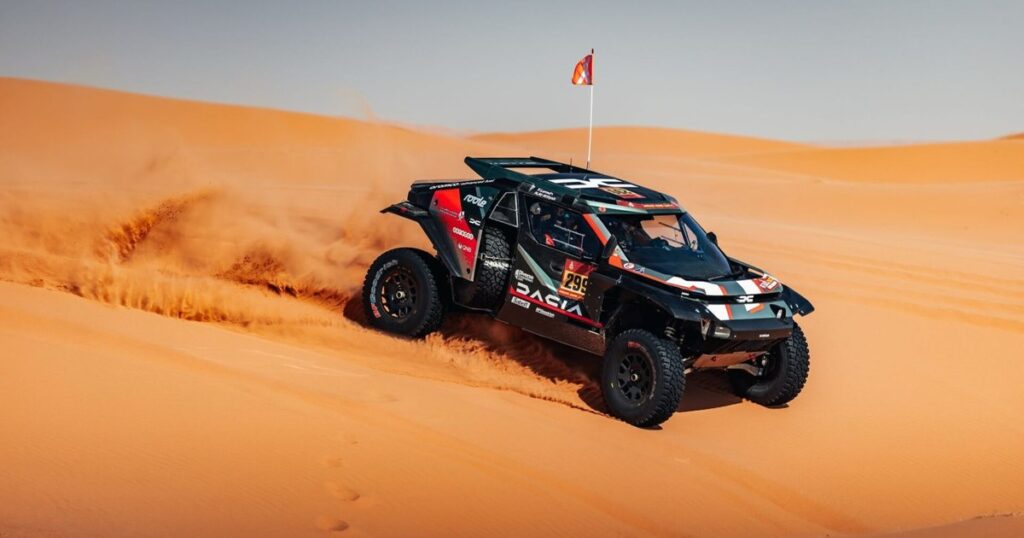 The first double victory of Dacia Sandriders at the Dakar Rally 2026. The pilot Nasser al-Attiyah went to the top of the ranking