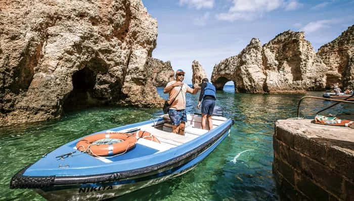 Boat near a sea cave in Portugal
