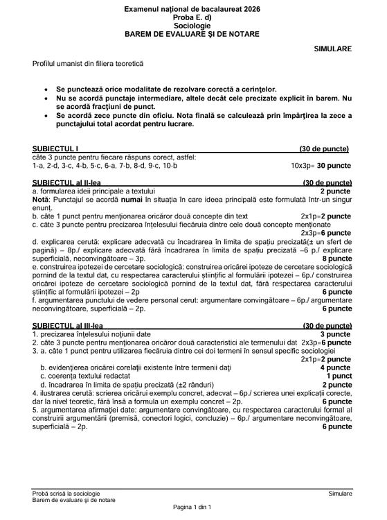 Barem correction simulation BAC Sociology 2026 PHOTO Edupedu.ro