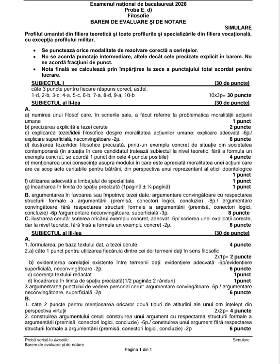 Barem correction simulation BAC Philosophy 2026 PHOTO Edupedu.ro