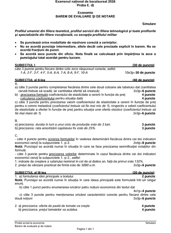 Barem correction simulation BAC Economics 2026 PHOTO Edupedu.ro