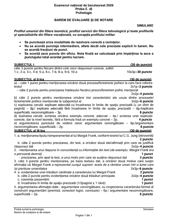 Barem correction simulation BAC Psychology 2026 PHOTO Edupedu.ro