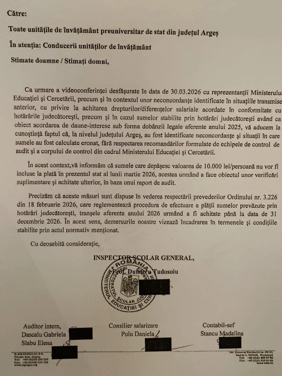 Argeș schools, warned not to pay amounts over 10,000 lei/employee Source: SIPA Muntenia