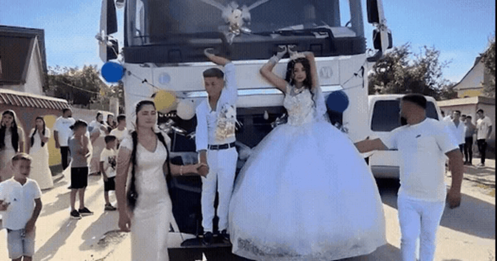Outrageous images from the wedding of two teenagers, walking down the street on the cab of a truck. "I thought they were dolls... What is this, folks?"