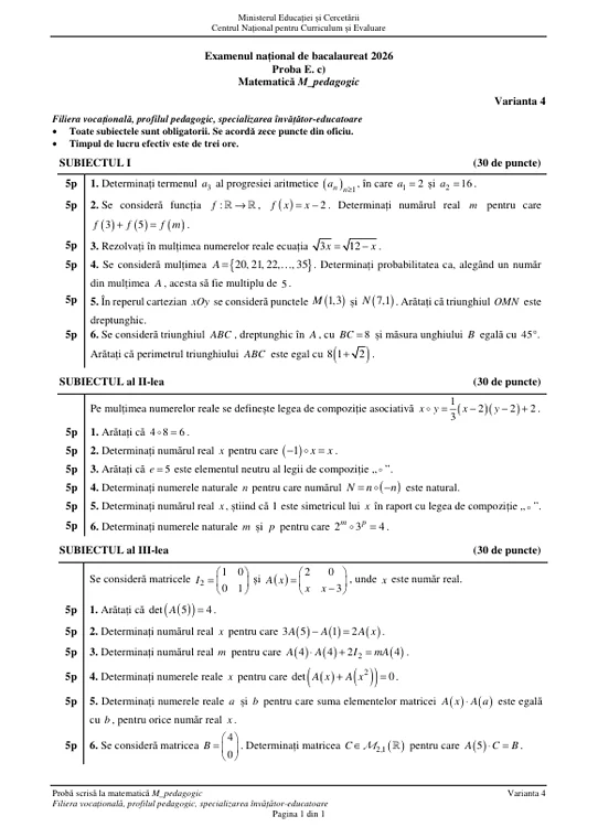 Mathematics subjects - Vocational stream, pedagogical profile PHOTO edupedu.ro